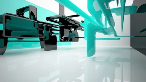 Abstract interior with glossy black and blue sculpture. Vídeo Stock 73026838