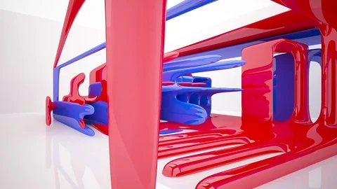 Abstract interior with glossy blue and red glass sculpture. Architectural backgr Video stock 82557867