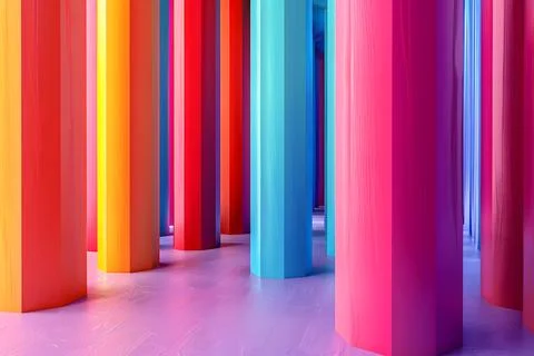 Abstract interior with a sequence of colorful pillars casting soft shadows Stock Photos