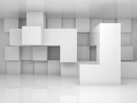 Abstract interior with white chaotic cubes pattern Illustrazione stock