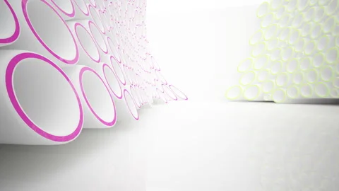 Abstract interior with white sculpture and array of glossy colored rings. Stock Footage 89032859