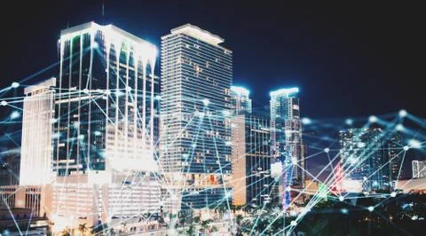 Abstract internet connection network with night city with skyscrapers at the Stock Photos