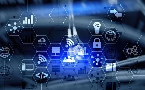 Abstract Internet digital technology concept server rack room background. Stock Photos