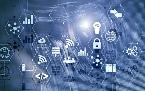 Abstract Internet digital technology concept server rack room background. Stock Photos