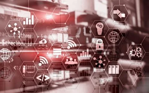 Abstract Internet digital technology concept server rack room background. Stock Photos