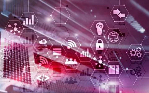Abstract Internet digital technology concept server rack room background. Stock Photos