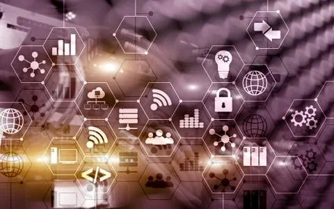 Abstract Internet digital technology concept server rack room background. Stock Photos