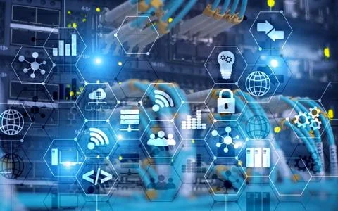 Abstract Internet digital technology concept server rack room background. Stock Photos
