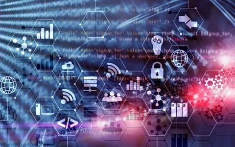 Abstract Internet digital technology concept server rack room background. Stock Photos