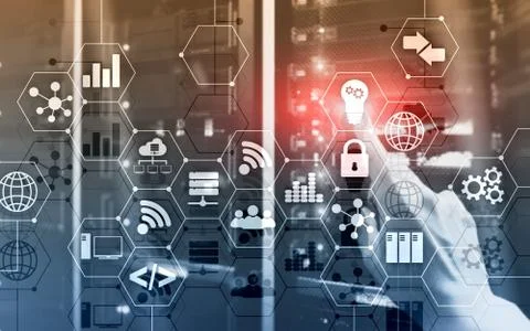 Abstract Internet digital technology concept server rack room background. Stock Photos