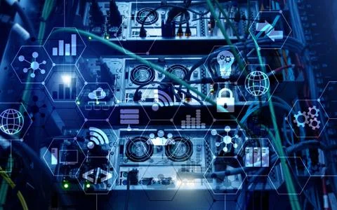 Abstract Internet digital technology concept server rack room background. Stock Photos