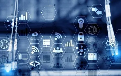 Abstract Internet digital technology concept server rack room background. Stock Photos