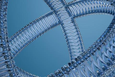 Abstract intertwining reflective blue-silver metallic rings with segmented .. Stock Illustration