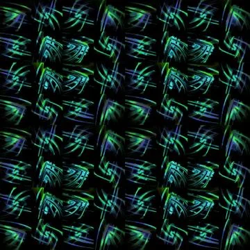 Abstract intricate pattern in squares green purple turquoise black Stock Illustration