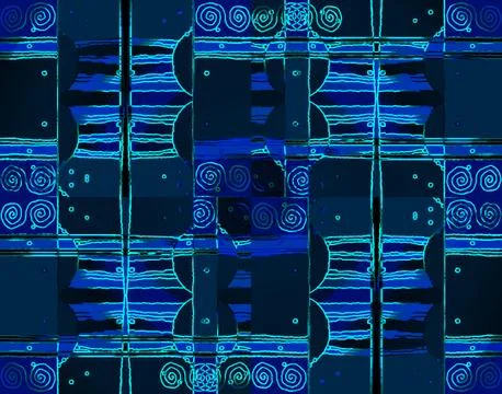 Abstract intricate spiral pattern with wavy lines blue gray black mint Stock Illustration