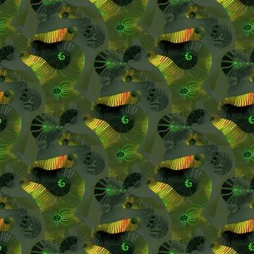 Abstract intricate spirals pattern olive green gray yellow Stock Illustration