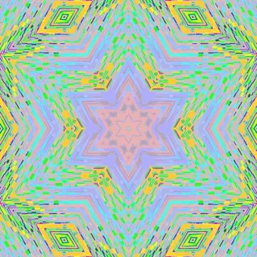 Abstract intricate star pattern centered yellow blue green purple Stock Illustration