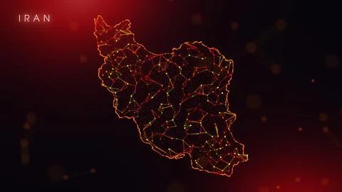 Abstract Iran Map Digital Network Background With Red And Orange Plexus Dots Illustrazione stock
