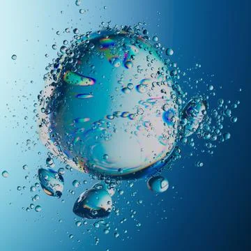 Abstract Iridescent Bubble with Surrounding Water Droplets on White Background Stock Illustration