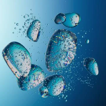 Abstract Iridescent Bubble with Surrounding Water Droplets on White Background Stock Illustration