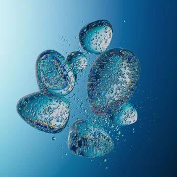 Abstract Iridescent Bubble with Surrounding Water Droplets on White Background Stock Illustration
