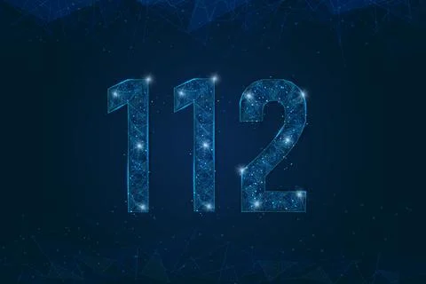 Abstract isolated blue image of 112 emergency icon. Polygonal low poly wireframe Stock Illustration