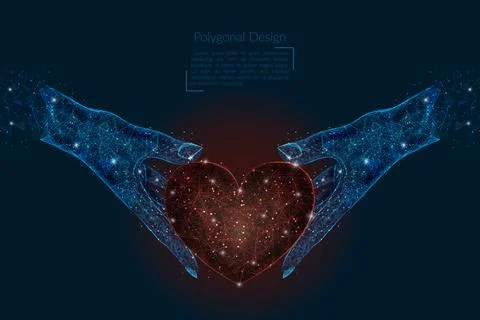Abstract isolated image of human hand holding red heart. Polygonal low poly Stock Illustration