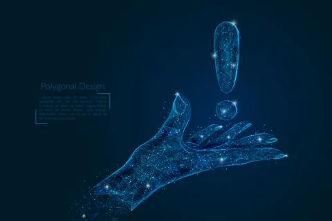 Abstract isolated image of human hand with exclamation mark icon. Polygonal low Stock Illustration