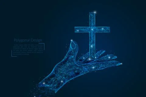 Abstract isolated image of human hand holding christian cross. Polygonal low Stock Illustration
