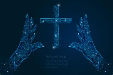 Abstract isolated image of human hand holding christian cross. Polygonal low Stock Illustration