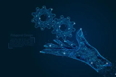 Abstract isolated image of human hand with cogwheels. Polygonal low poly style Stock Illustration