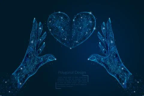 Abstract isolated image of human hand holding broken heart. Polygonal low poly Stock Illustration