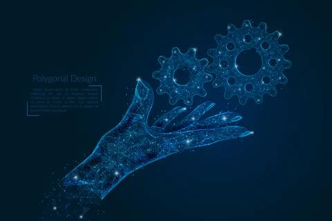 Abstract isolated image of human hand with cogwheels. Polygonal low poly style Illustrazione stock