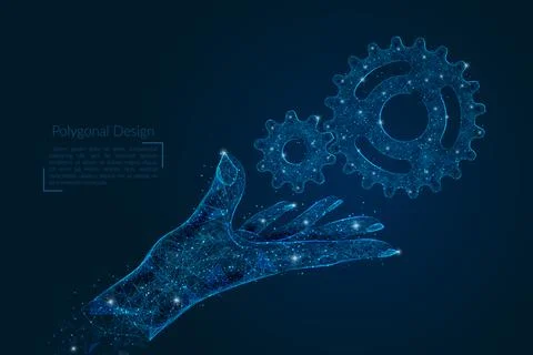 Abstract isolated image of human hand with cogwheels. Polygonal low poly style Stock Illustration