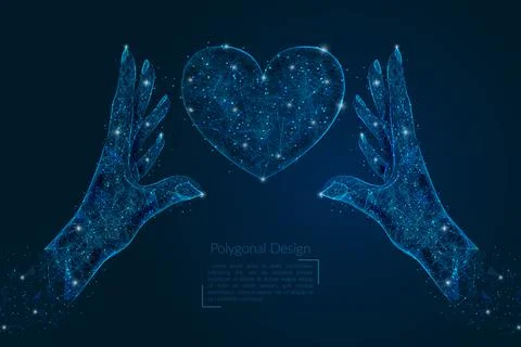 Abstract isolated image of human hand holding heart. Polygonal low poly style Stock Illustration
