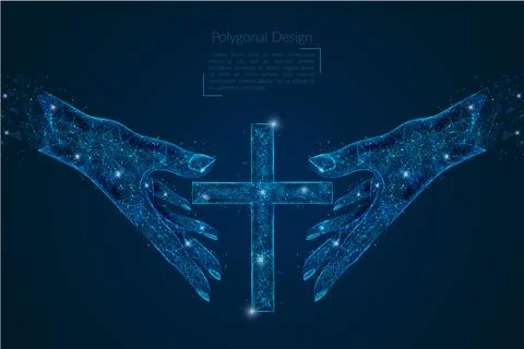 Abstract isolated image of human hand holding christian cross. Polygonal low Stock Illustration