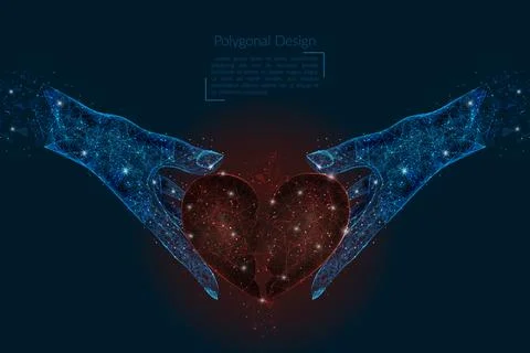 Abstract isolated image of human hand holding broken red heart. Polygonal low Illustrazione stock