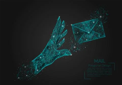 Abstract isolated image of human hand sending letter. Polygonal illustration Illustrazione stock