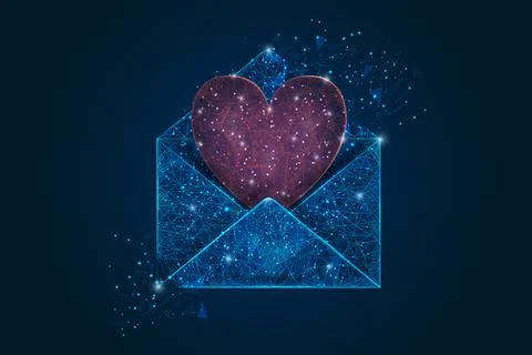 Abstract isolated image of a letter, mail or message with red heart. Polygonal Stock Illustration