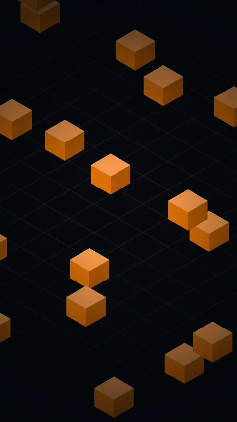 Abstract Isometric 3D Orange Cubes Floating on Dark Grid Background Stock Footage 346207450