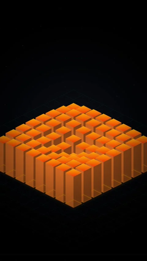 Abstract Isometric 3D Orange Glowing Cubes Grid Animation Stock Footage 346207970
