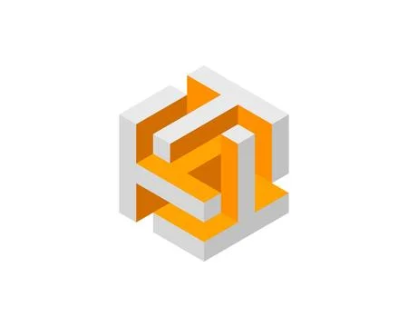 Abstract isometric cube design.  Interlocking orange and grey shapes create.. Stock Illustration