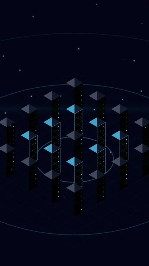 Abstract Isometric Data Center Server Towers in Dark Cyberspace Stock Footage 346203166