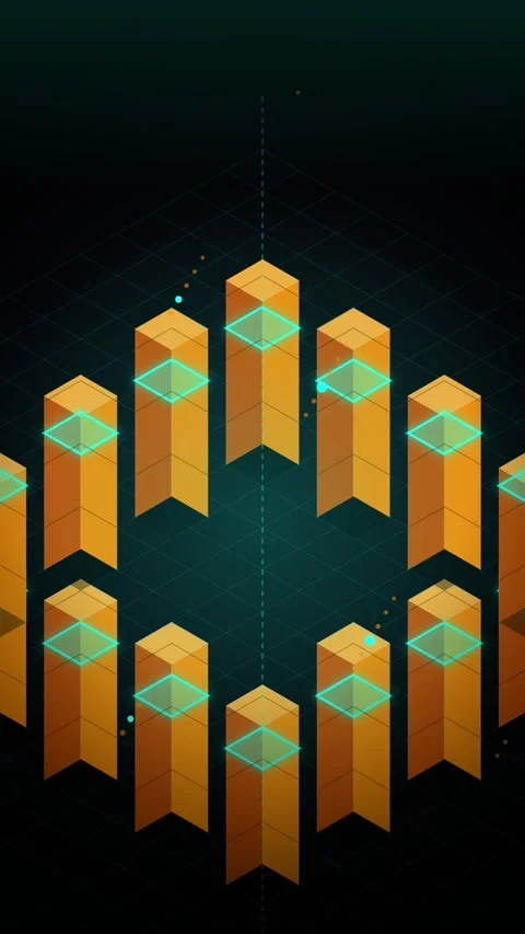 Abstract Isometric Golden Columns Rotating in Dark Digital Space Stock Footage 346206814
