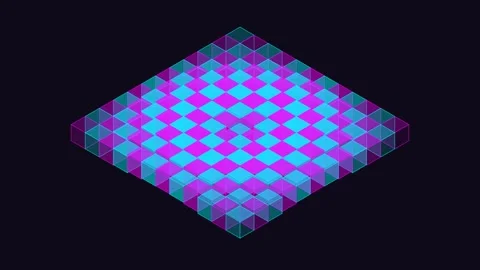 An abstract isometric grid of glowing blue and purple cubic blocks on black Video stock 335118234