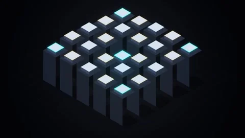 Abstract isometric grid of glowing cubic pillars rising and falling in dark.. Stock Footage 346989028
