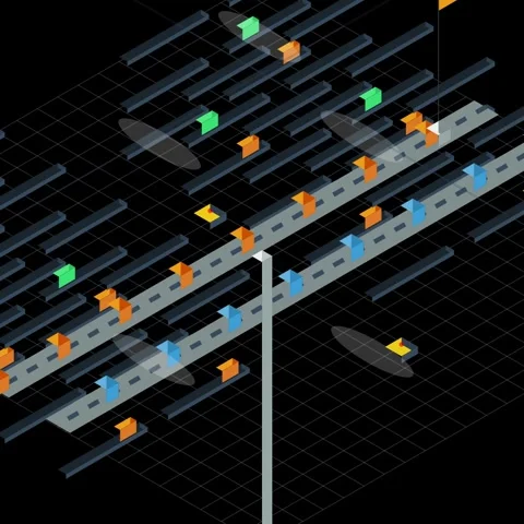 Abstract Isometric Grid Network Data Flow with Colorful Blocks and Lines Stock Footage 346283782