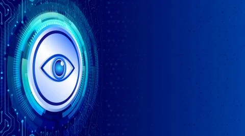 Abstract isometric  high tech circuit board with cyber eye data protection. S Illustrazione stock