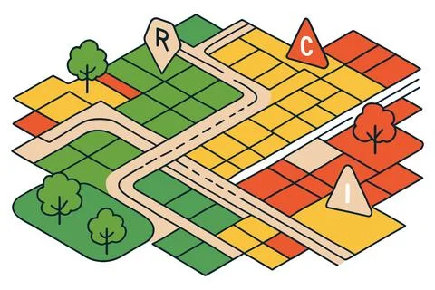 Abstract isometric map with roads trees and colored land parcels Stockillustratie
