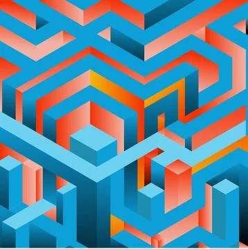 Abstract isometric pattern, blue, orange, and red. Illustrazione stock
